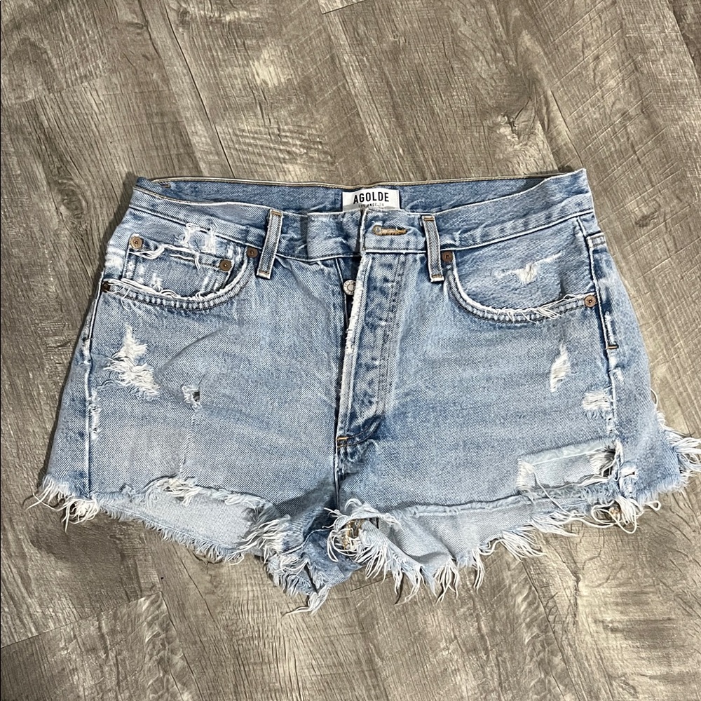 Agolde Light Wash Distressed Denim Cutoff Shorts
